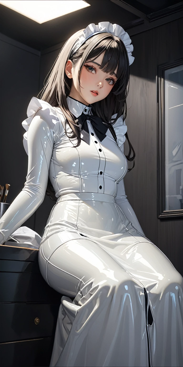 Portraiture、(masterpiece,Highest quality,Ultra-high resolution),Japanese women, (((Very beautiful 25 year old girl))),(White latex maid outfit)、(White latex long skirt)、(A long-sleeved latex shirt that covers the upper body)、White latex gloves、White latex socks、White latex bodysuit、Frills、The clothes fit snugly to the body、Latex is very shiny、Dark Room、