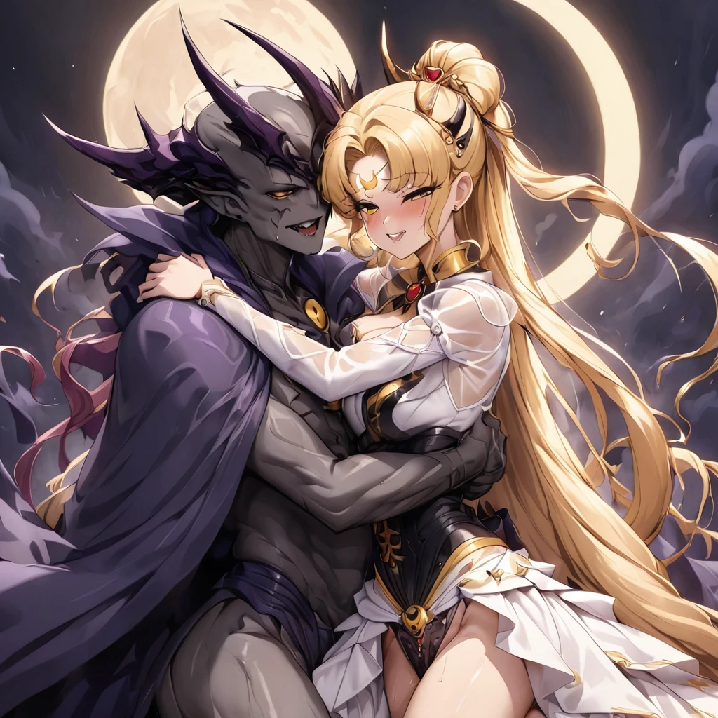 ((Highest quality)), ((masterpiece)), (detailed), (Perfect Face)、The woman is having sex with the majestic, powerful, and deformed demon king.、The woman is a dark queen with a black inverted crescent moon mark on her forehead, wearing a gorgeous, glittering black Gothic Victorian dress, a black veil, and a black see-through cape, as well as luxurious jeweled accessories.、The man is a majestic, evil, and powerful demon king.、The Demon King of the Black Moon and the Dark Queen of the Black Moon having sex and making love、The woman is Black Serenity, the noble dark queen of the Black Moon clan and has blonde hair.2The woman with long hair tied up is Princess Serenity、A woman is embracing and having sex with a strong and evil demon king man.、The man is a strong and evil demon king who is embracing the woman and having sex with her.