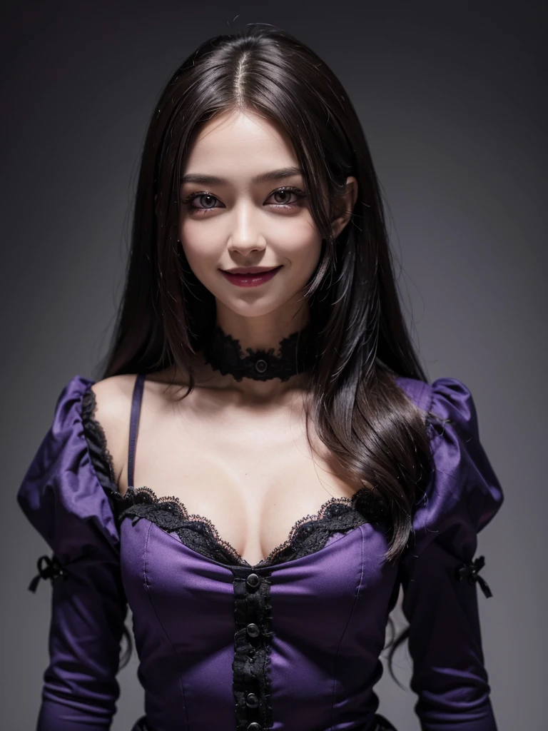 A very beautiful woman with violet eyes, an evil face and a mischievous smile,