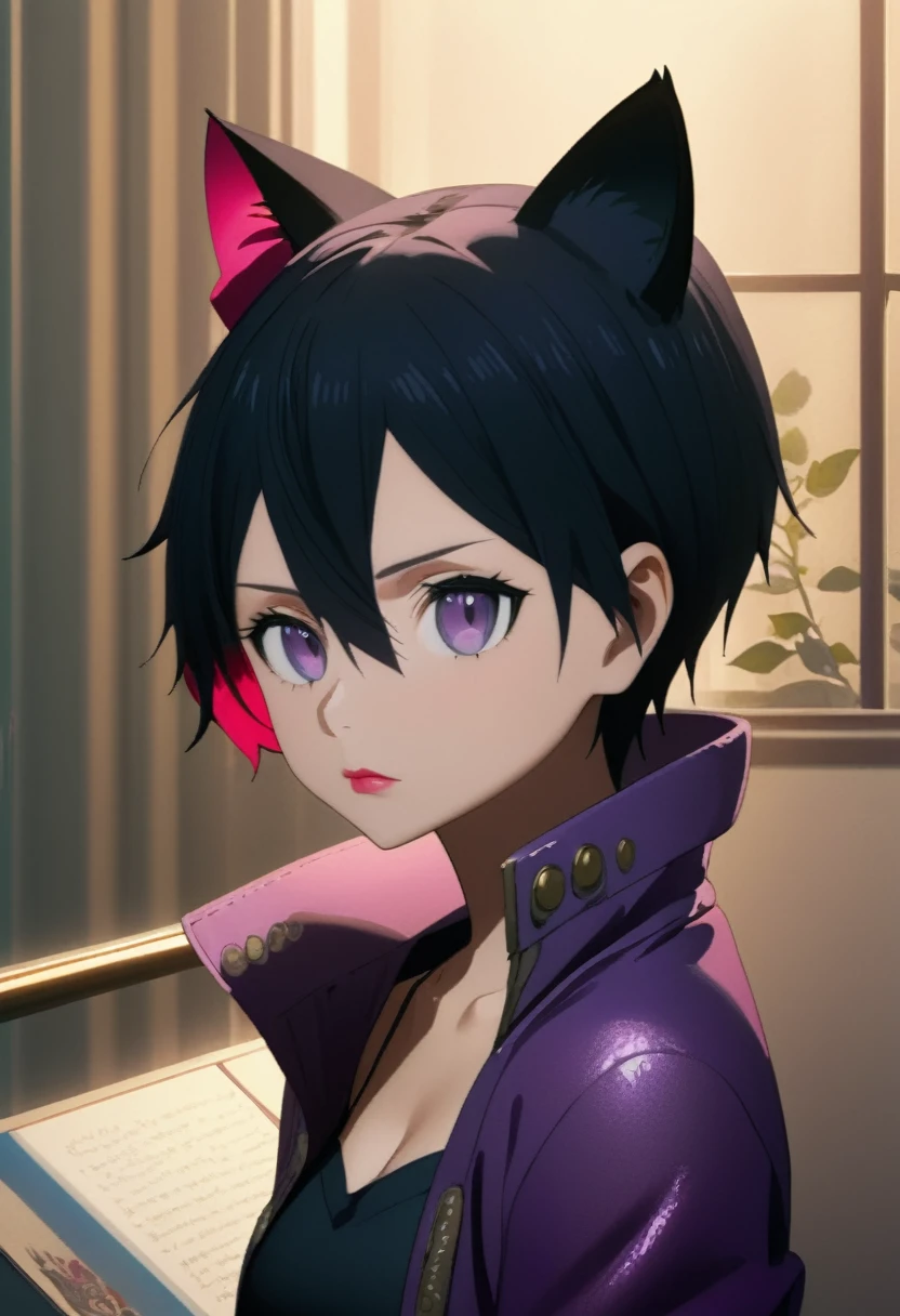 1 boy, black short hair, black cat ears, purple jacket, open jacket, exposing shoulders, red rose tattoos, tattoos covering the arms, beautiful detailed eyes, beautiful detailed lips, extremely detailed eyes and face, long eyelashes, (best quality,4k,8k,highres,masterpiece:1.2),ultra-detailed,(realistic,photorealistic,photo-realistic:1.37),digital painting, hyperrealistic, detailed background, dramatic lighting, moody atmosphere, cinematic composition, vibrant colors