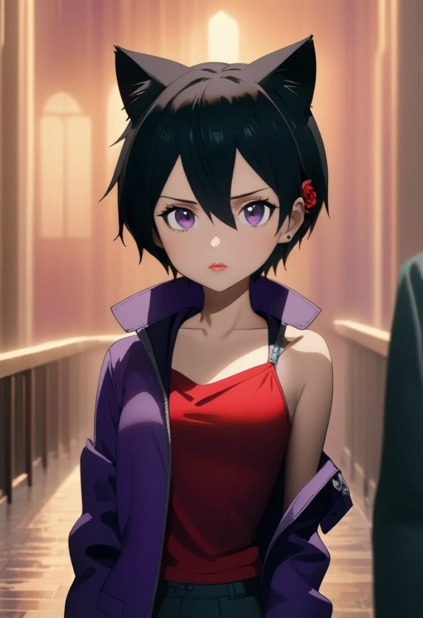 1 boy, black short hair, black cat ears, purple jacket, open jacket, exposing shoulders, red rose tattoos, tattoos covering the arms, beautiful detailed eyes, beautiful detailed lips, extremely detailed eyes and face, long eyelashes, (best quality,4k,8k,highres,masterpiece:1.2),ultra-detailed,(realistic,photorealistic,photo-realistic:1.37),digital painting, hyperrealistic, detailed background, dramatic lighting, moody atmosphere, cinematic composition, vibrant colors