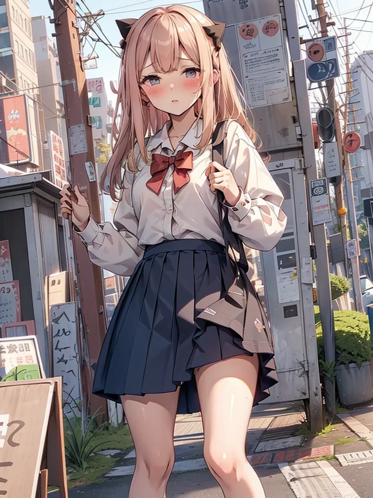(pussy juice:1.5,shame, blush),Are standing, Navy pleated skirt, On the way to school, blush
