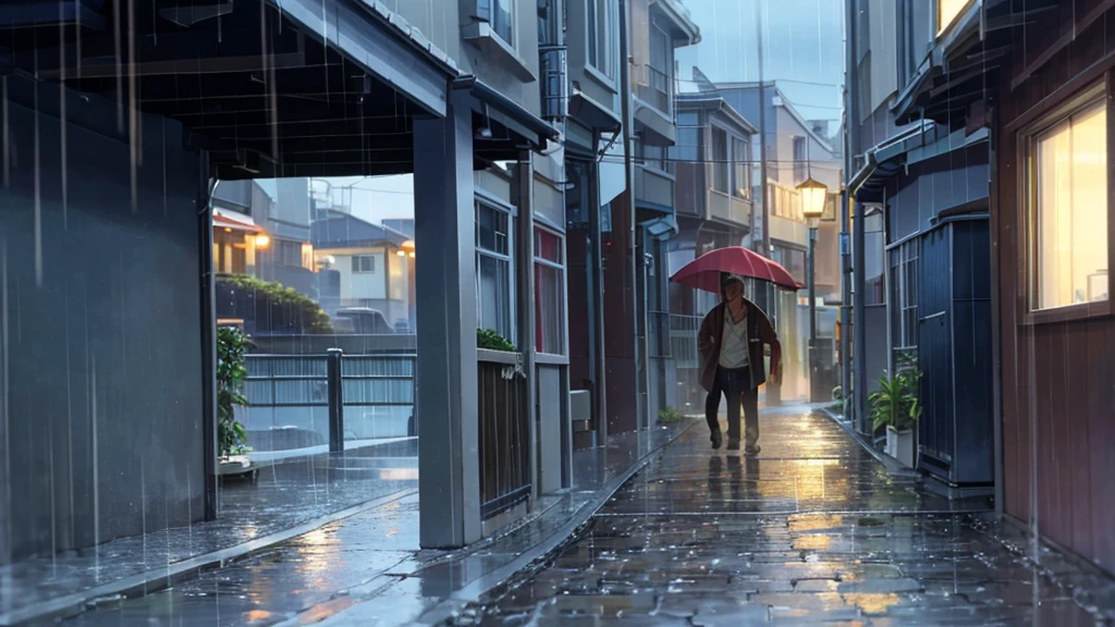 rain falling in alley and man on the coast