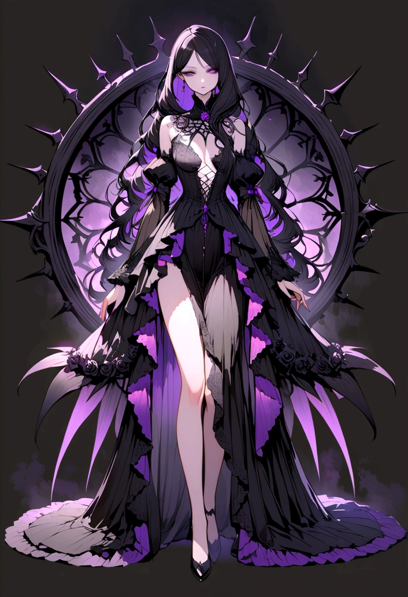 a gothic beauty with long dark hair and bangs no background full body front view
