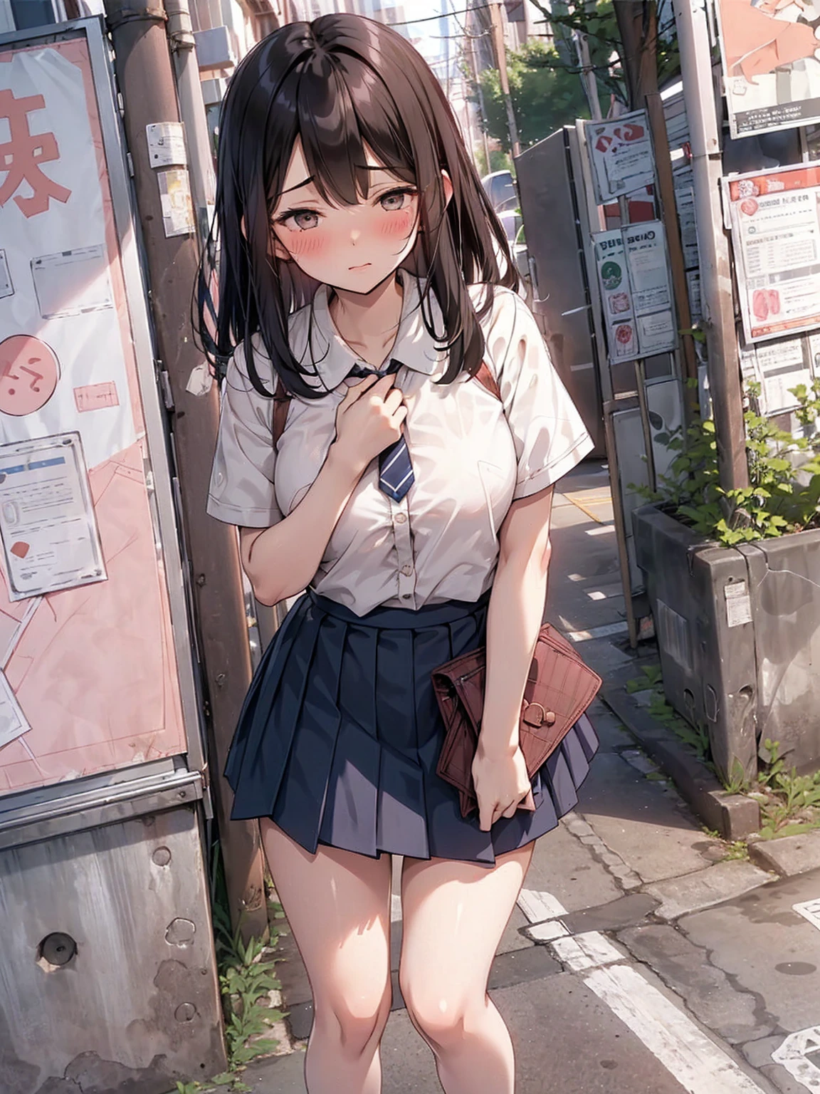 (pussy juice:1.5,shame, blush),Are standing, Navy pleated skirt, On the way to school, blush