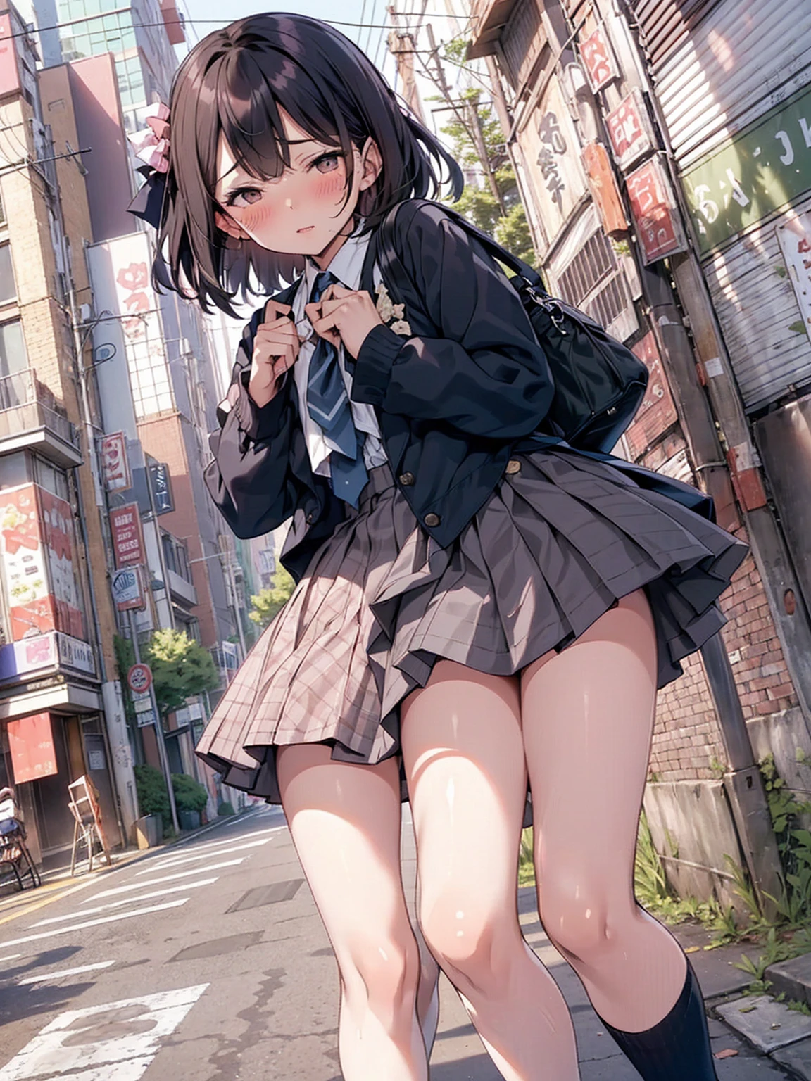 (pussy juice:1.5,shame, blush),Are standing, Navy pleated skirt, On the way to school, blush