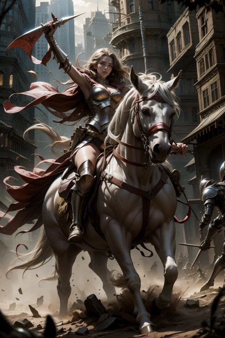 sexy knight woman riding on a horse in the battlefield, karo, attack pose