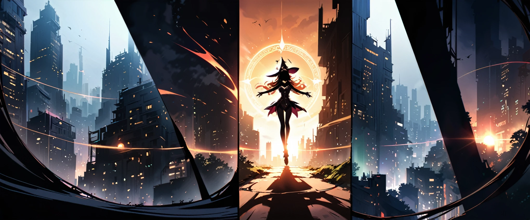 a powerful magical witch from outer space, dramatic split screen, Thierry Mugler style, stunning sunrise and serene hazy moonlight, a hazy cityscape, ethereal aura, Japanese anime style, (dark atmosphere:1.2), (extreme shadows:1.2), (witch in shadows:1.2)，Special magic effects，Magic Circle，