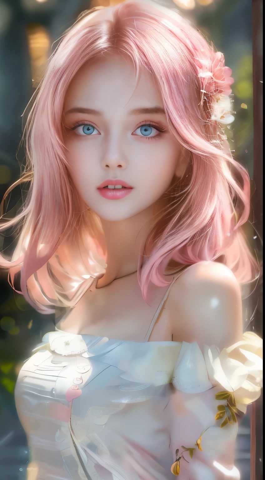 best quality,masterpiece,highest resolution,1 girl,Dingdal effect,In reality,edge lighting,two tone lighting,(High detail skin:1.2),8k words,pure,sweet,Flower background,colorful background,Based on physical rendering,perfect light and shadow,Extremely high detail,pink tone,eye reflection,raised to be sexy,perfect body,outstanding beauty,big eyes,long eyelashes,delicate eyes,Big, sparkling eyes,small pupil reflex,Shoulder and neck details,The texture of the eyes is delicate.,perfect eyes,black eyes,best quality,Pink hair.、masterpiece,16K,picture,head portrait,biggest,long sleeves,watch your chest,big bust,Delicate avatar