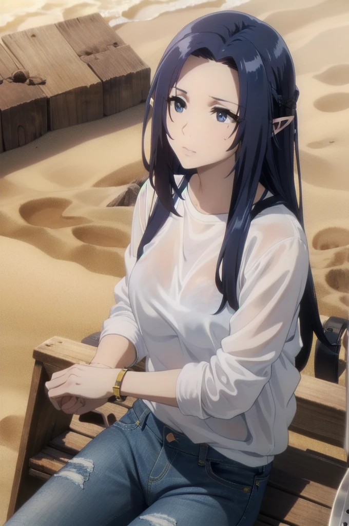 ,dark blue hair,,long hair,blue eyes,pointy ears,elf,(((white shirt,jeans,clavage))),on the beach
