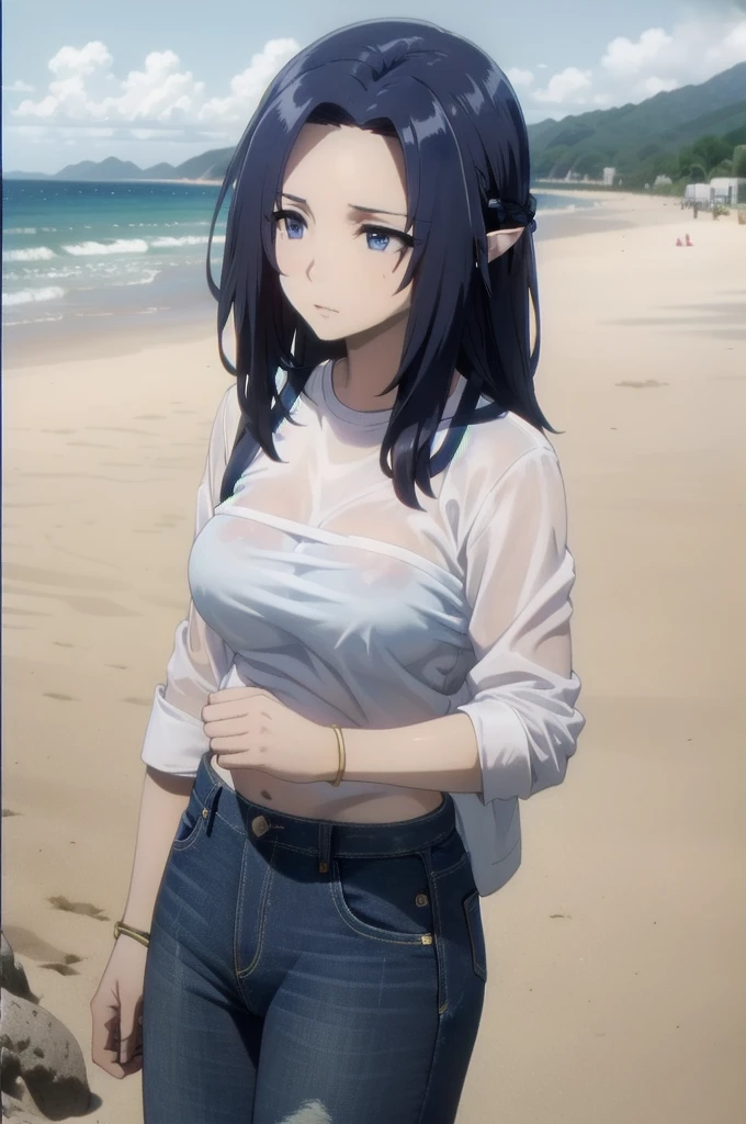 ,dark blue hair,,long hair,blue eyes,pointy ears,elf,(((white shirt,jeans,clavage))),on the beach