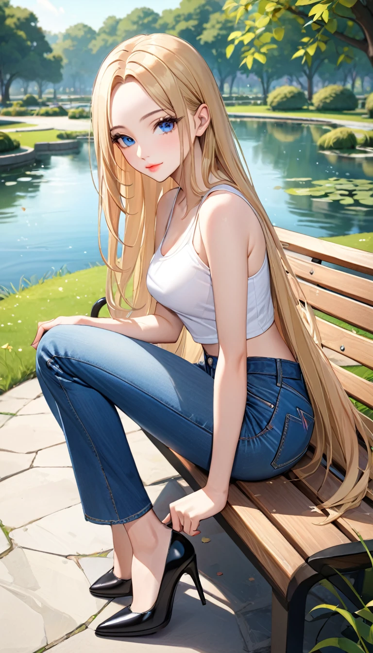 ((best quality, masterpiece:1.3, 8K)), (detailed), highly detailed face and skin texture, detailed eyes, park, pond, bench, full body, seductive pose, sitting, slender body, 1girl, 25 years old, white skin, blue eyes, bright lips, seductive smile, blonde hair, straight hair, very long hair, (forehead:1.0), white croptop, jeans pants, flares jeans, blue jeans, black heels,