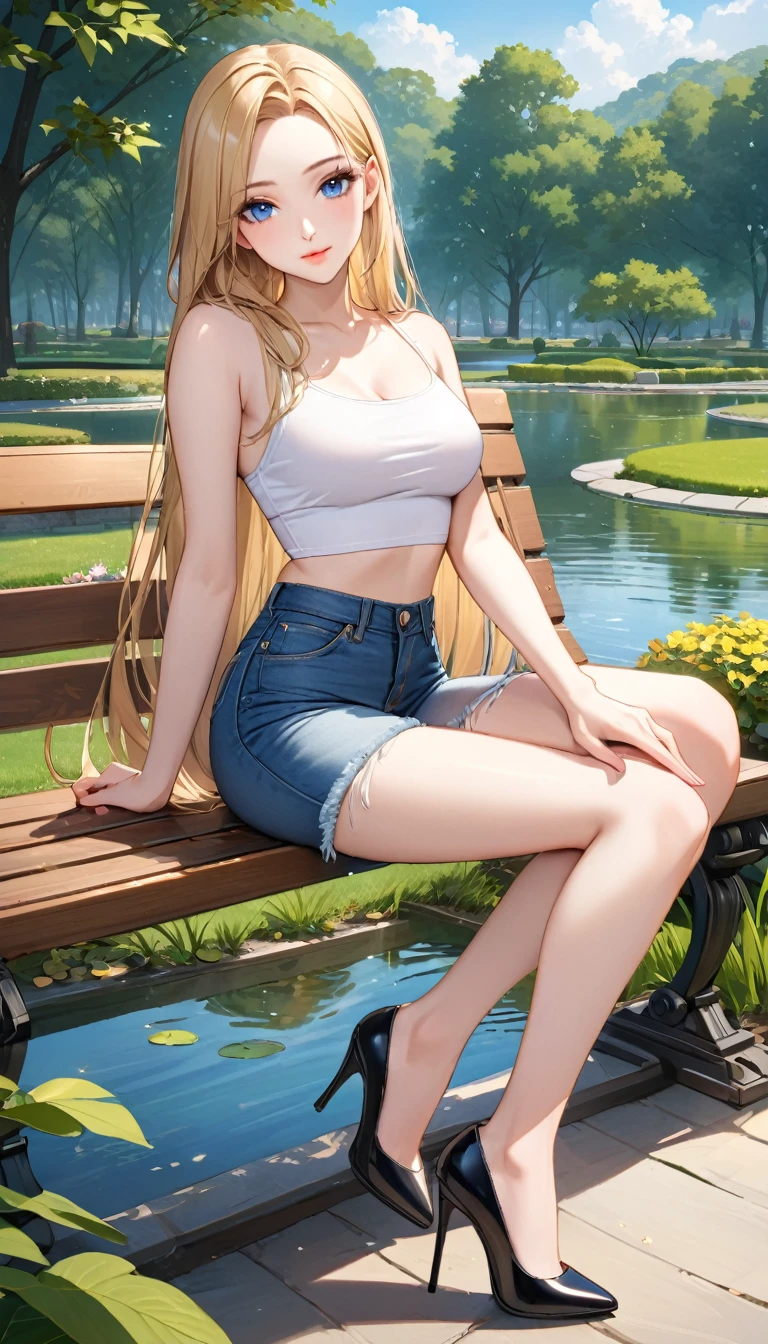 ((best quality, masterpiece:1.3, 8K)), (detailed), highly detailed face and skin texture, detailed eyes, park, pond, bench, full body, seductive pose, sitting, slender body, 1girl, 25 years old, white skin, blue eyes, bright lips, seductive smile, blonde hair, straight hair, very long hair, (forehead:1.0), white croptop, jeans pants, flares jeans, blue jeans, black heels,