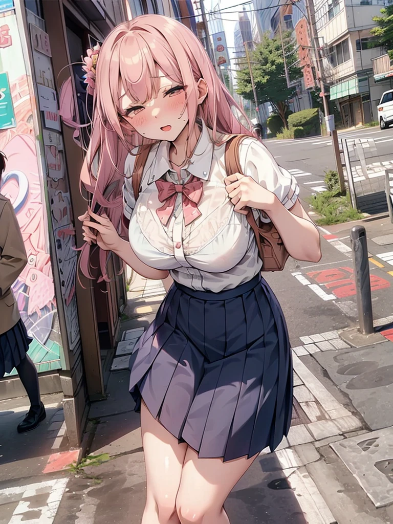 (pussy juice:1.5,ahegao, blush),Are standing, Navy pleated skirt, On the way to school, blush
