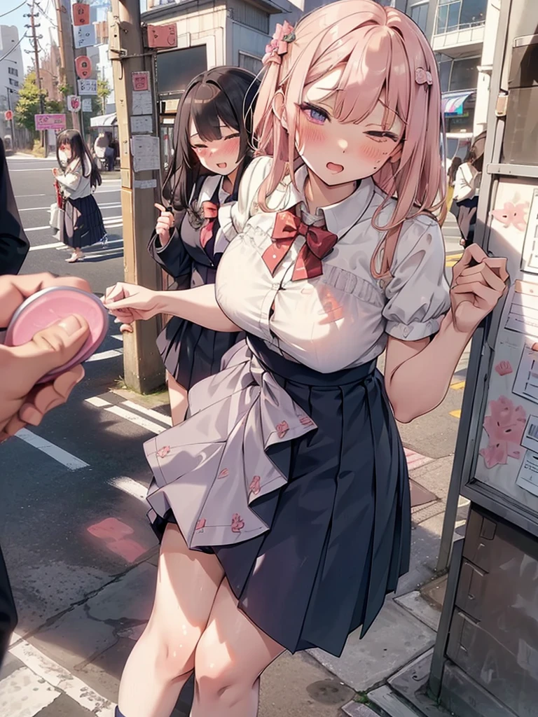 (pussy juice:1.5,ahegao, blush),Are standing, Navy pleated skirt, On the way to school, blush
