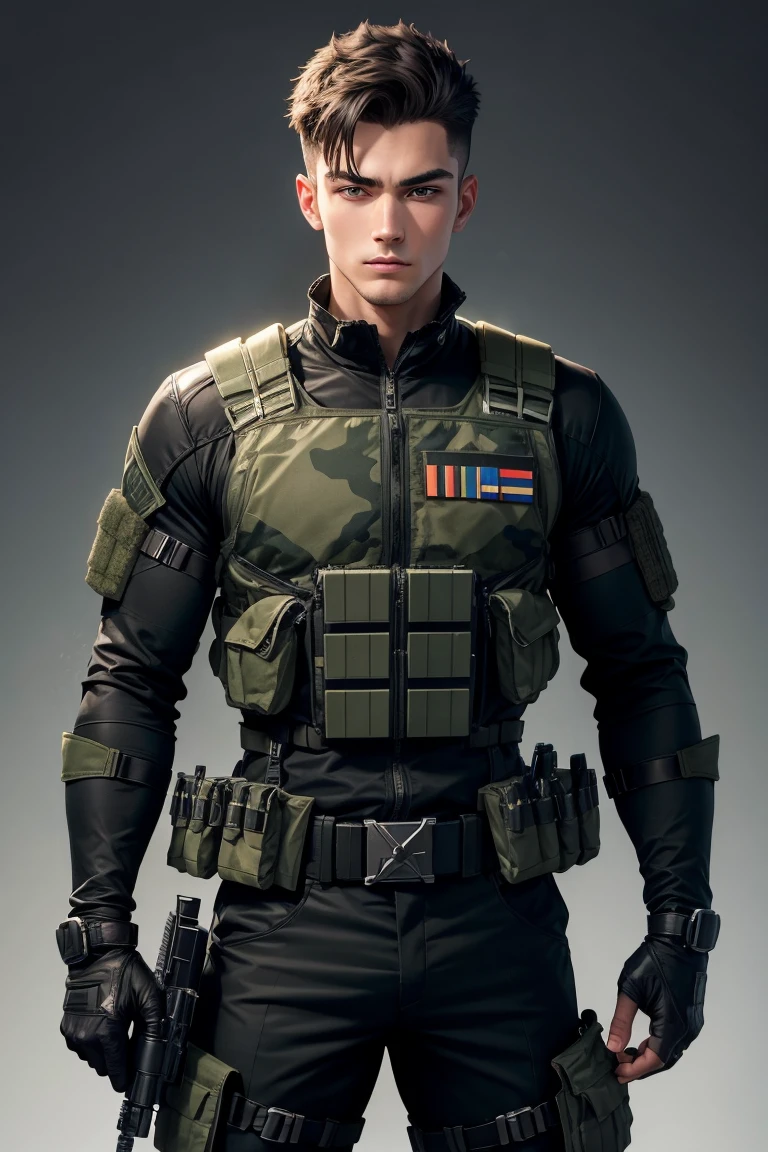 portrait of handsome 25-year old guy, wearing green camouflage combat suit and combat helmet, (black bulletproof vest: 1.3), black half-gloves, (grenade belt: 1.3), (holding grenade:1.1), stunning, tall, bright hair, fancy haircut, (epic pose)