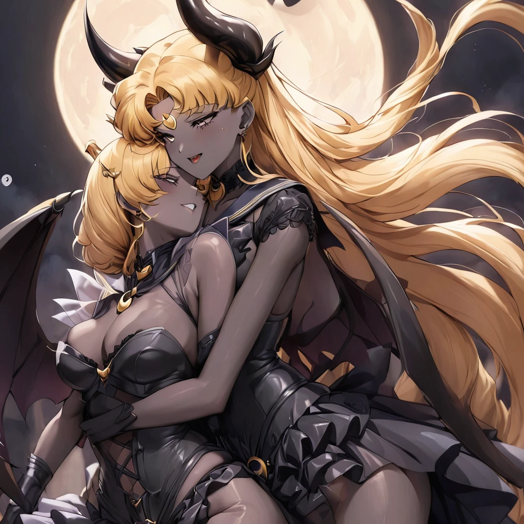 ((Highest quality)), ((masterpiece)), (detailed), (Perfect Face)、The woman is the Dark Queen of the Black Moon and Demon Queen Sailor Moon of the Black Moon Clan, leaning over and embracing and kissing her dignified and muscular naked husband, the Demon King. The woman is a sexy female demon with jet-black skin, Devil Queen Sailor Moon.、The woman is a jet-black female demon with magnificent devil horns, jet-black devil wings, and a jet-black tail. Her skin is jet-black, and she has a black inverted crescent moon mark on her forehead. Her gorgeous black skin is visible through her black see-through ta Gothic Victorian wedding dress, black wedding veil, and black see-through cape. She is a jet-black demon, Devil Queen Sailor Moon, and has blonde hair.2The expression of a girl in love with her long hair tied up、Woman is Devil Queen Sailor Moon、