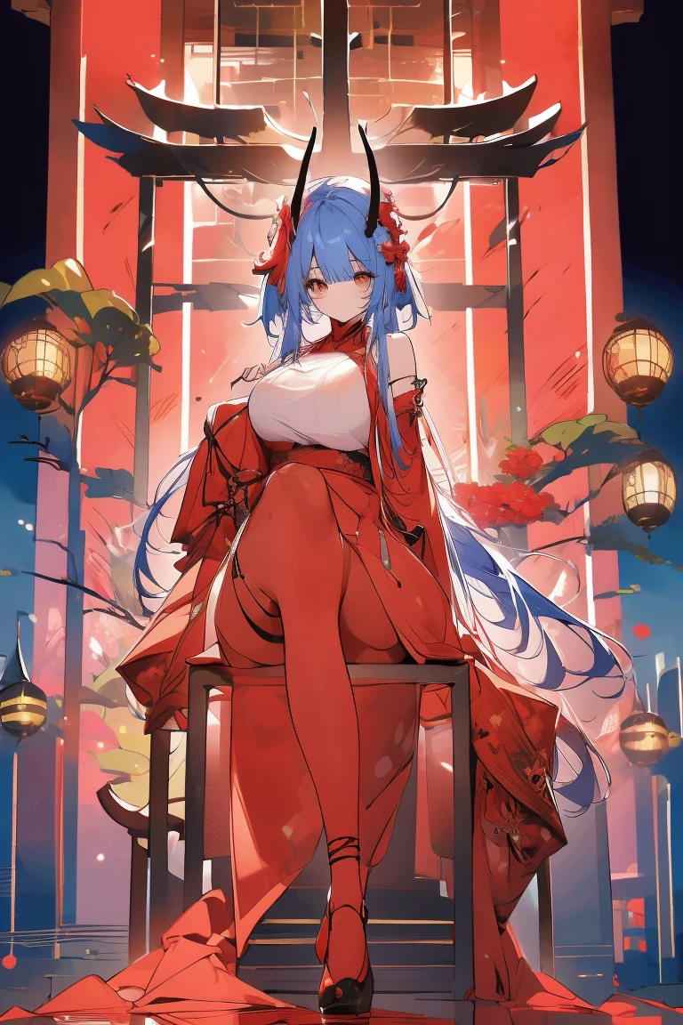 Anime style girl, dragon horns, long blue hair, red inner color, yellow and red odd eyes, large breasts, short stature, scaled body, sitting on a throne