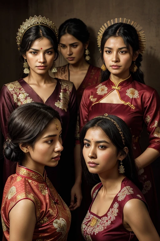 A realistic image featuring six characters: five young women and one man, all fitting within the frame. The characters are as follows: one Indian woman wearing a sari with intricate patterns and vibrant colors, which is slightly dirty and torn; one American woman dressed in a traditional Native American outfit, including a fringed dress and beaded accessories, with signs of wear and tear; one Chinese woman clad in a qipao (cheongsam) with elegant floral designs, which is dirty and torn in places; one Russian woman wearing a sarafan with a kokoshnik (traditional headdress) adorned with embroidery, slightly soiled and damaged; and one Indian man dressed in a kurta-pajama with a turban, showing signs of dirt and wear.They are trapped in a dimly lit room, with their clothing dirty and torn, indicating they have been there for some time. The room is small and confined, with bare walls and a sense of despair. The characters' expressions should reflect their emotional state, capturing a moment of tension and unease. The image should be highly realistic, with detailed textures and lifelike features, emphasizing the traditional clothing and the distressing situation.