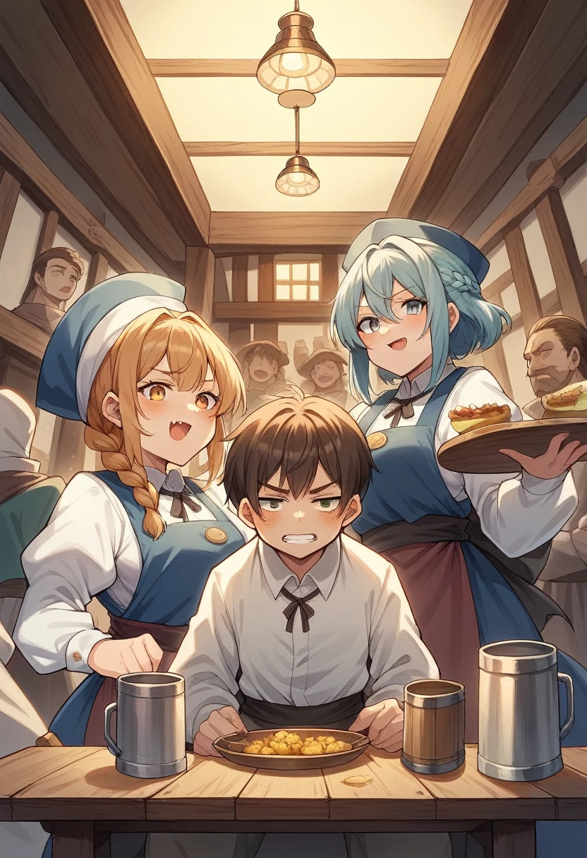 cover_page, In a lively medieval fantasy tavern filled with wooden beams and rustic decor, a group of kemono furry diverse adventurers are seated at a sturdy wooden table, illuminated by dim candlelight, Amidst plates of hearty food and mugs of ale, one adventurer, with distinctive armor and a mischievous grin, attempts to flirt with a young waitress carrying a tray of drinks, She has braided hair and wears a simple dress, and she seems slightly amused by the attention, Opposite him, another member of the group, with a stern expression and a cloak draped over their shoulders, reprimands the flirtatious adventurer, drawing attention to the group's behavior, The scene is captured from a low-angle perspective, emphasizing the grandeur of the tavern and the interactions of its patrons,