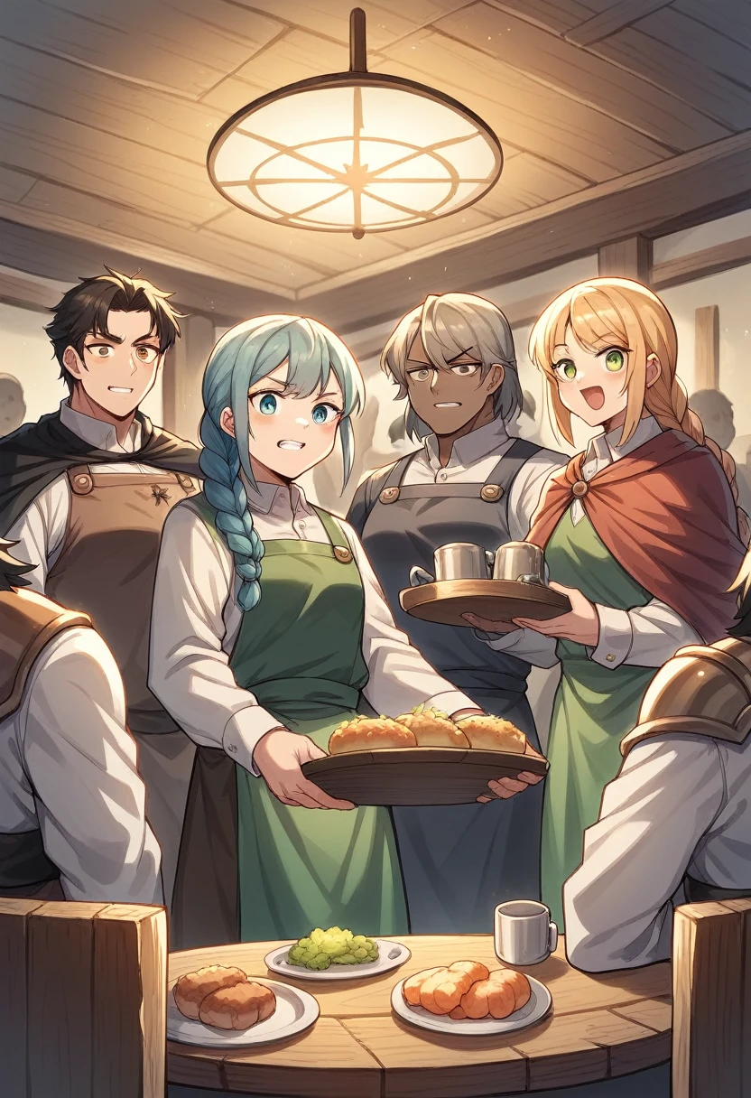 cover_page, In a lively medieval fantasy tavern filled with wooden beams and rustic decor, a group of kemono furry diverse adventurers are seated at a sturdy wooden table, illuminated by dim candlelight, Amidst plates of hearty food and mugs of ale, one adventurer, with distinctive armor and a mischievous grin, attempts to flirt with a young waitress carrying a tray of drinks, She has braided hair and wears a simple dress, and she seems slightly amused by the attention, Opposite him, another member of the group, with a stern expression and a cloak draped over their shoulders, reprimands the flirtatious adventurer, drawing attention to the group's behavior, The scene is captured from a low-angle perspective, emphasizing the grandeur of the tavern and the interactions of its patrons,