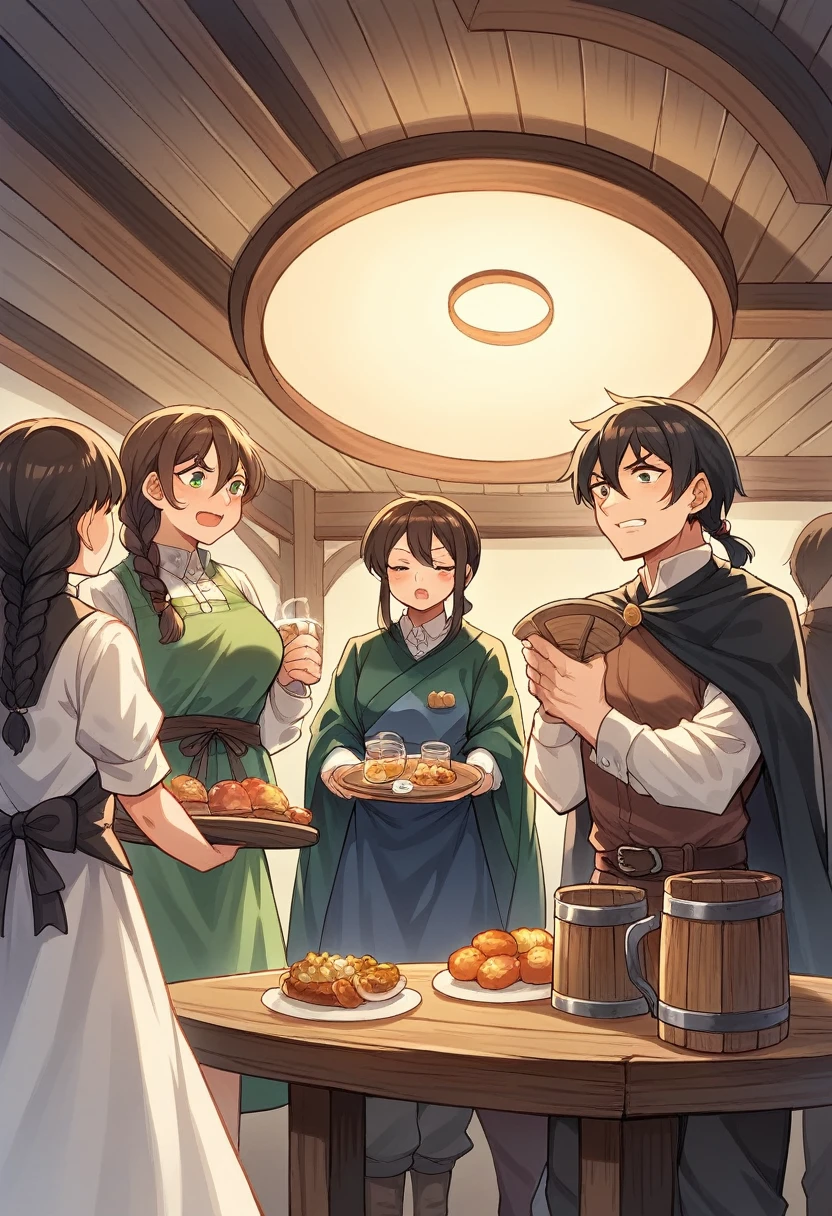 cover_page, In a lively medieval fantasy tavern filled with wooden beams and rustic decor, a group of kemono furry diverse adventurers are seated at a sturdy wooden table, illuminated by dim candlelight, Amidst plates of hearty food and mugs of ale, one adventurer, with distinctive armor and a mischievous grin, attempts to flirt with a young waitress carrying a tray of drinks, She has braided hair and wears a simple dress, and she seems slightly amused by the attention, Opposite him, another member of the group, with a stern expression and a cloak draped over their shoulders, reprimands the flirtatious adventurer, drawing attention to the group's behavior, The scene is captured from a low-angle perspective, emphasizing the grandeur of the tavern and the interactions of its patrons,