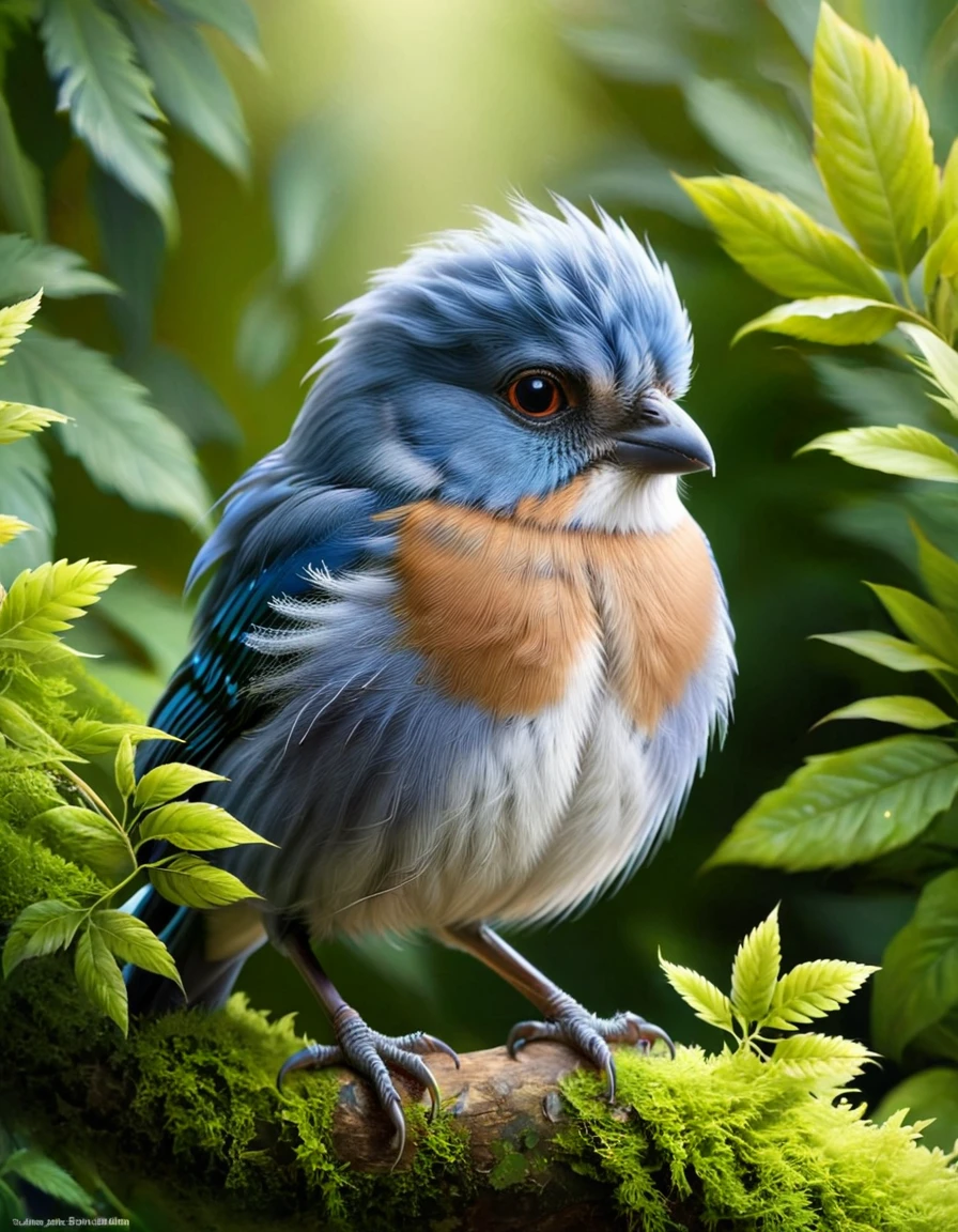 Create a close-up image of an adorable, fluffy blue bird with large, expressive black eyes. The bird has a small, orange beak and is covered in soft, detailed blue feathers, giving it a cute and cuddly appearance. The setting is a lush, natural environment with various green plants and leaves, blurred in the background to emphasize the bird as the focal point. The lighting is soft and natural, creating a warm and inviting atmosphere. The overall composition should evoke a sense of wonder and charm, capturing the essence of this tiny, endearing creature in its natural habitat.
