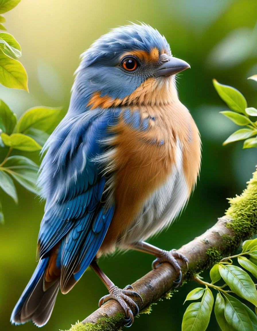 Create a close-up image of an adorable, fluffy blue bird with large, expressive black eyes. The bird has a small, orange beak and is covered in soft, detailed blue feathers, giving it a cute and cuddly appearance. The setting is a lush, natural environment with various green plants and leaves, blurred in the background to emphasize the bird as the focal point. The lighting is soft and natural, creating a warm and inviting atmosphere. The overall composition should evoke a sense of wonder and charm, capturing the essence of this tiny, endearing creature in its natural habitat.
