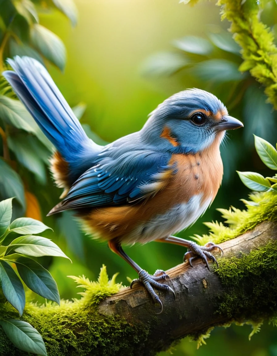 Create a close-up image of an adorable, fluffy blue bird with large, expressive black eyes. The bird has a small, orange beak and is covered in soft, detailed blue feathers, giving it a cute and cuddly appearance. The setting is a lush, natural environment with various green plants and leaves, blurred in the background to emphasize the bird as the focal point. The lighting is soft and natural, creating a warm and inviting atmosphere. The overall composition should evoke a sense of wonder and charm, capturing the essence of this tiny, endearing creature in its natural habitat.