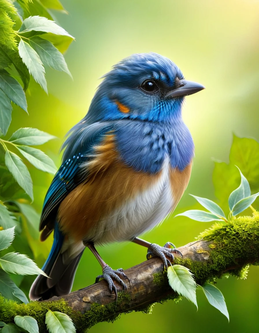 Create a close-up image of an adorable, fluffy blue bird with large, expressive black eyes. The bird has a small, orange beak and is covered in soft, detailed blue feathers, giving it a cute and cuddly appearance. The setting is a lush, natural environment with various green plants and leaves, blurred in the background to emphasize the bird as the focal point. The lighting is soft and natural, creating a warm and inviting atmosphere. The overall composition should evoke a sense of wonder and charm, capturing the essence of this tiny, endearing creature in its natural habitat.