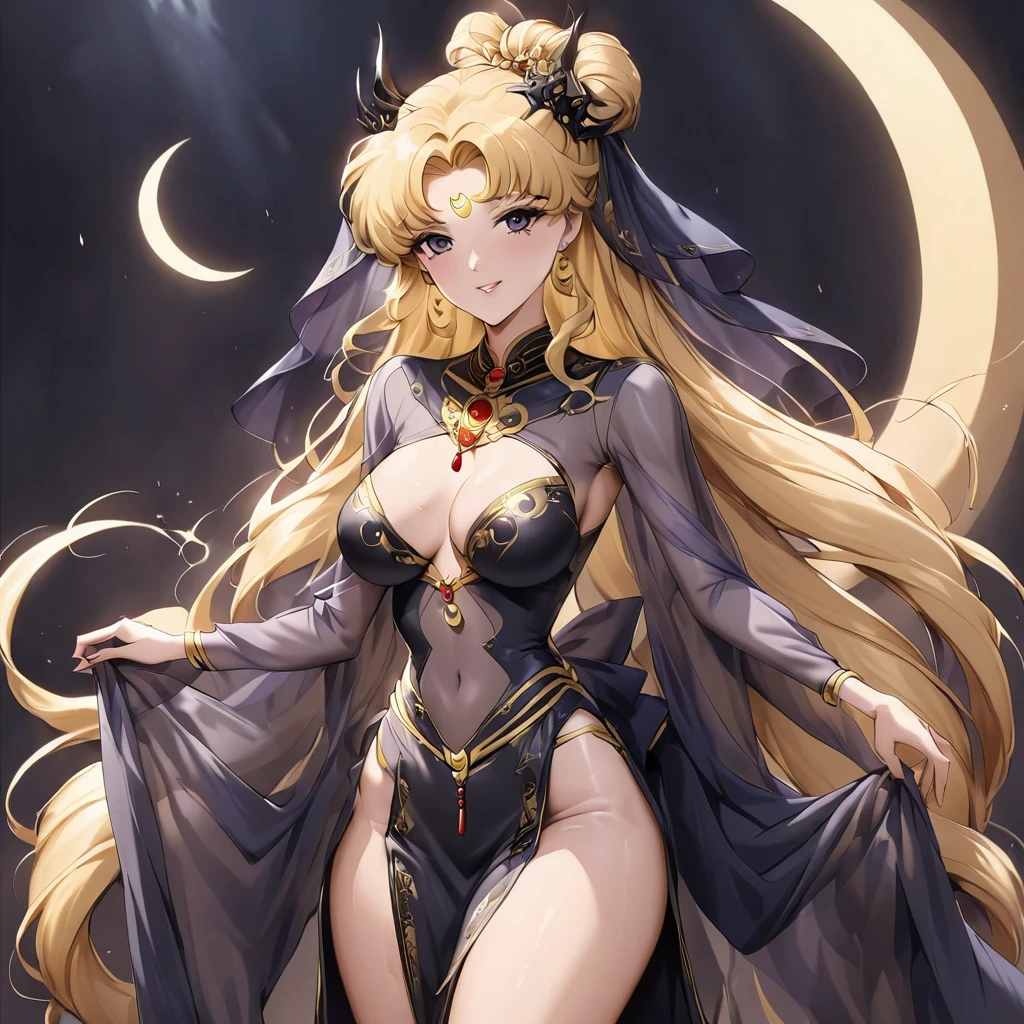 ((Highest quality)), ((masterpiece)), (detailed), （Perfect Face）、The woman is a dark queen with a black inverted crescent moon mark on her forehead, a gorgeous, glittering black see-through long-slit Chinese dress with gold embroidery, a black veil, a black see-through cape and gorgeous jeweled accessories.、The woman is Black Serenity, the noble dark queen of the Black Moon clan and has blonde hair.２The woman with long hair tied up is Princess Serenity