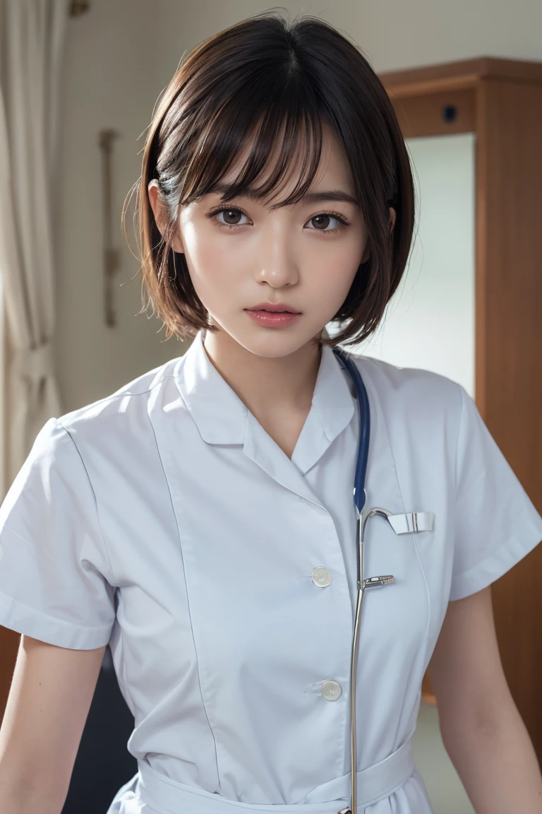 1 Girl,(Wearing white nurse clothes:1.2),(RAW Photos, Highest quality), (Realistic, photo-Realistic:1.4), masterpiece, Very delicate and beautiful, Very detailed, 2k wallpaper, wonderful, finely, Very detailed CG unity 8k wallpaper, Very detailedな, High resolution, Soft Light, Beautiful detailed girl, Very detailed eyes and face, Beautiful and detailed nose, finely beautiful eyes, nurse, Perfect Anatomy, Black Hair, Upstyle, nurse uniform, Long skirt, nurse, White costume, thin, hospital, clear, White Uniform, hospital room, Neck auscultation,Bobcut、Flip up the skirt、20th Generation