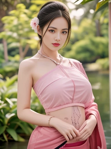 Aarav woman in a golden dress stands in front of a building., Sukhothai dress, Dilraba Dilmurat, traditional beauty, Wear elegant clothes, traditional this tradition, Wear luxurious clothes, this tradition, Traditional clothing, Thai girl anime, traditional outfit, According to Thawan Duchanee's style, Wear a luxurious silk dress, Thai art, Traditional clothing สาวเอเชียที่สวยงาม,stereoscopic 8k,45 high quality colored lights,000,000,000 pixels, photo, post-trade photo, animation, Beautiful, realistic portraits.