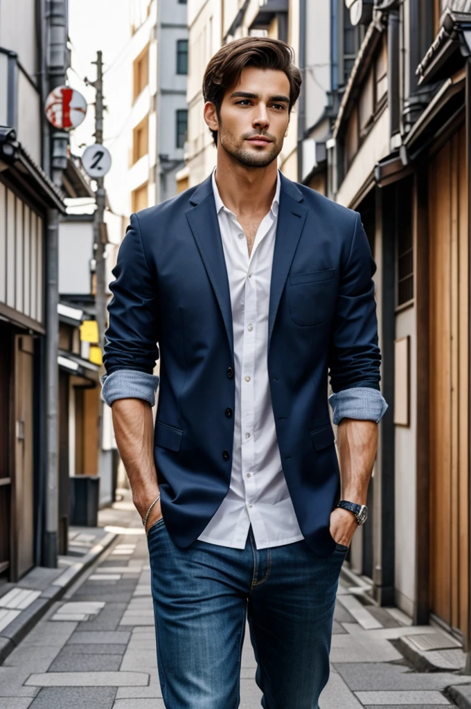 Handsome guy, make it animated, good resolution, 8k well detailed, detailed background tasting of a Japanese street, with casual and elegant clothing