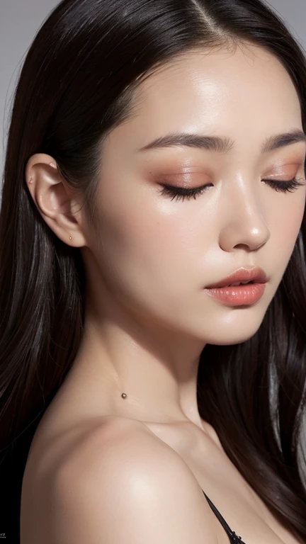 ((Surreal、Super detailed image, maybe a photo.,Captures the details of the skin texture of an incredibly beautiful woman.))Wearing a Lucid Dream dress,long black hair。Close portrait with eyes closed