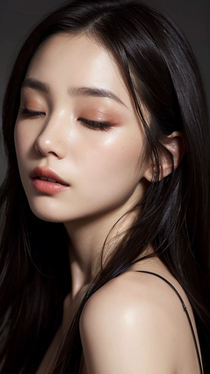((Surreal、Super detailed image, maybe a photo.,Captures the details of the skin texture of an incredibly beautiful woman.))Wearing a Lucid Dream dress,long black hair。Close portrait with eyes closed