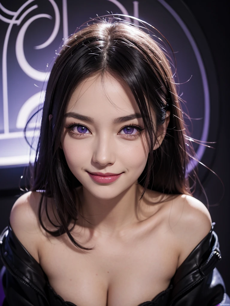 A very beautiful woman with violet eyes, an evil face and a mischievous smile,
