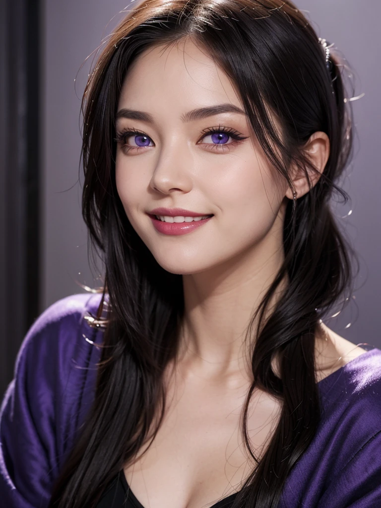 A very beautiful woman with violet eyes, an evil face and a mischievous smile,