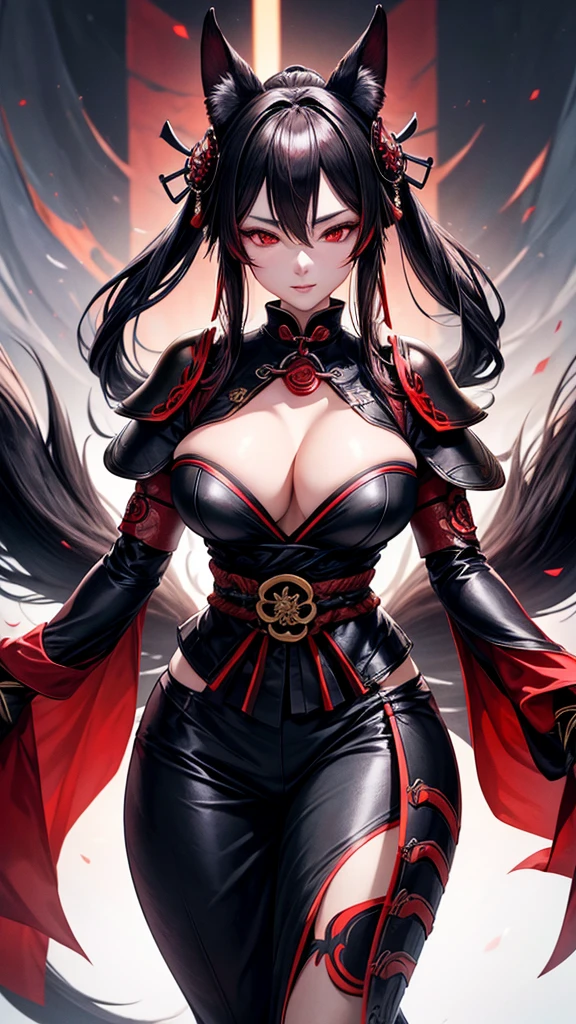 A beautiful mature woman with long black Kitsune ears, red eyes, highly detailed face and eyes, big breasts, several black Kitsune tails, wearing red and black Shogun armor with a wide waist, 8k, photorealistic, high quality, masterpiece, ultra-detaile, vivid colors, cinematic lighting, 1girl