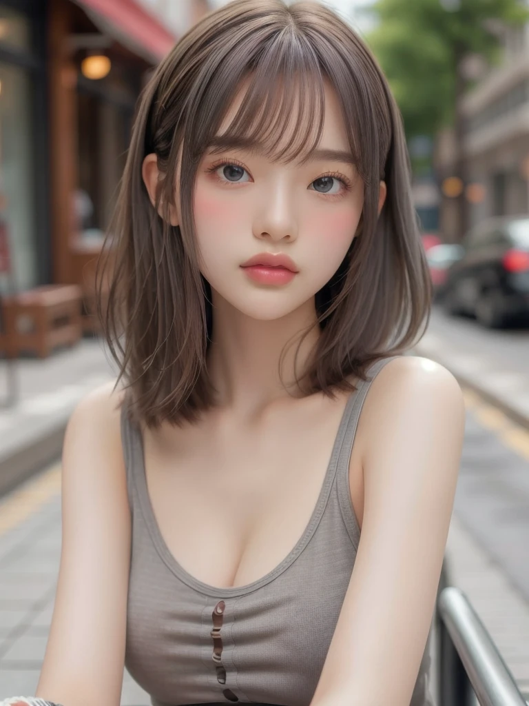 Young girl  ,masterpiece,Realistic,32k,Highly detailed CG 8K wallpaper, Highest quality ,Upper Body,((Gray Hair:1.2))、White Tank Top 1.5、Selfie with smartphone、