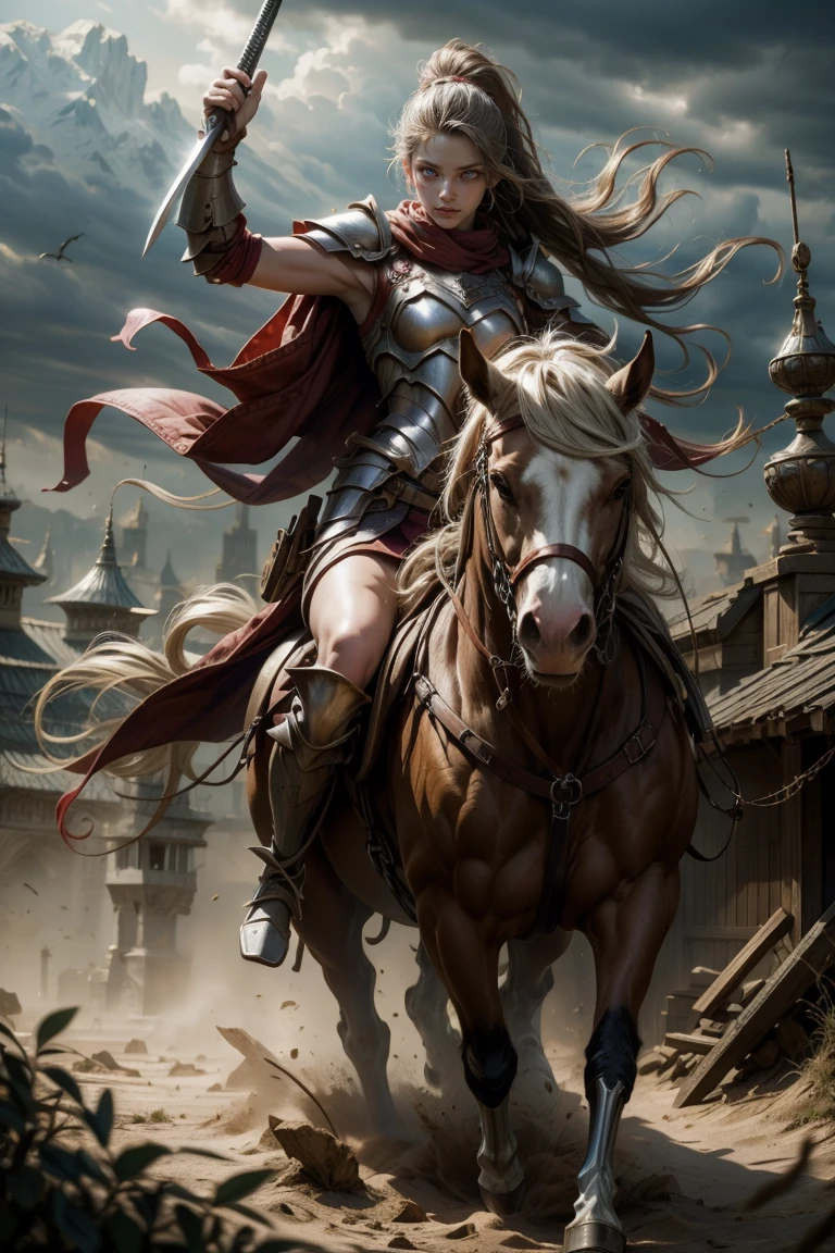 sexy swordsman knight woman riding on a horse on the battlefield
