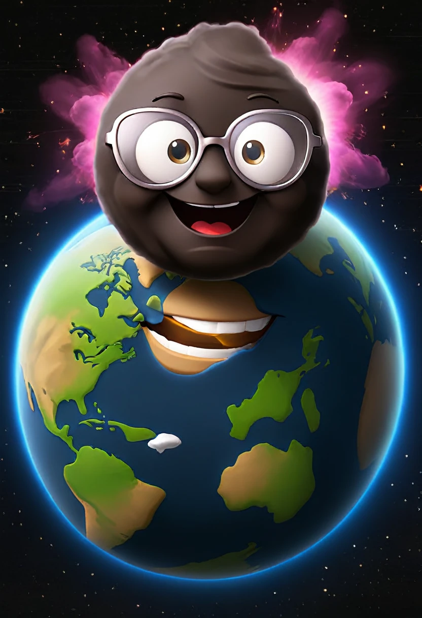 smiley emoji wearing glasses, asteroid hitting erupting earth, on dark background