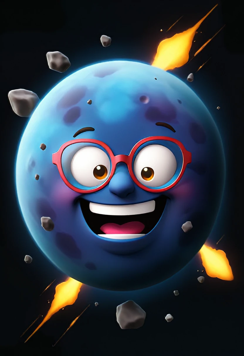 smiley emoji wearing glasses, asteroid hitting erupting earth, on dark background 