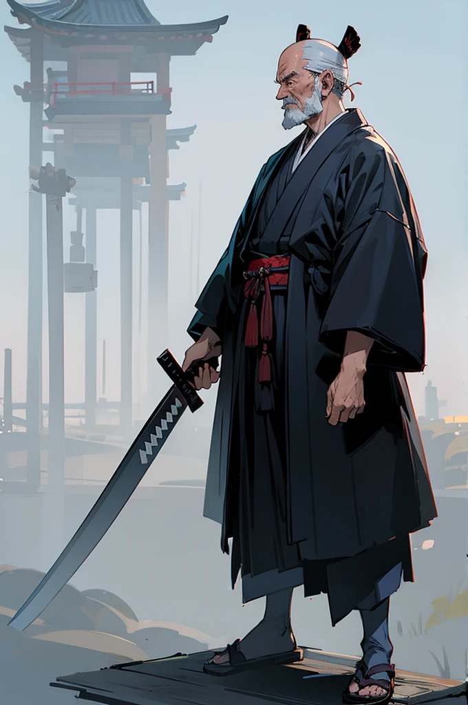Old man , male, samurai Clothing, Standing pose, Town background,