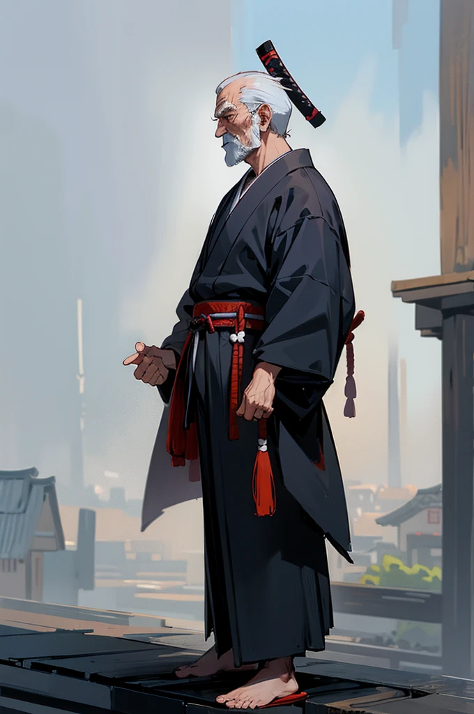 Old man , male, samurai Clothing, Standing pose, Town background,