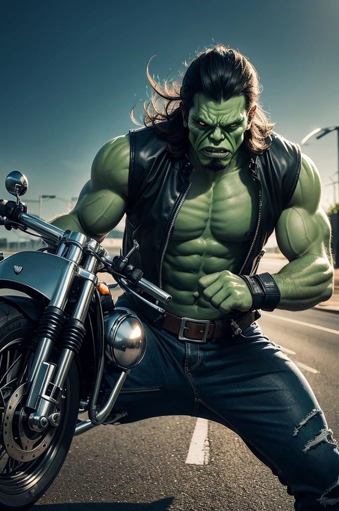 Biker with skeletal mask fighting Hulk