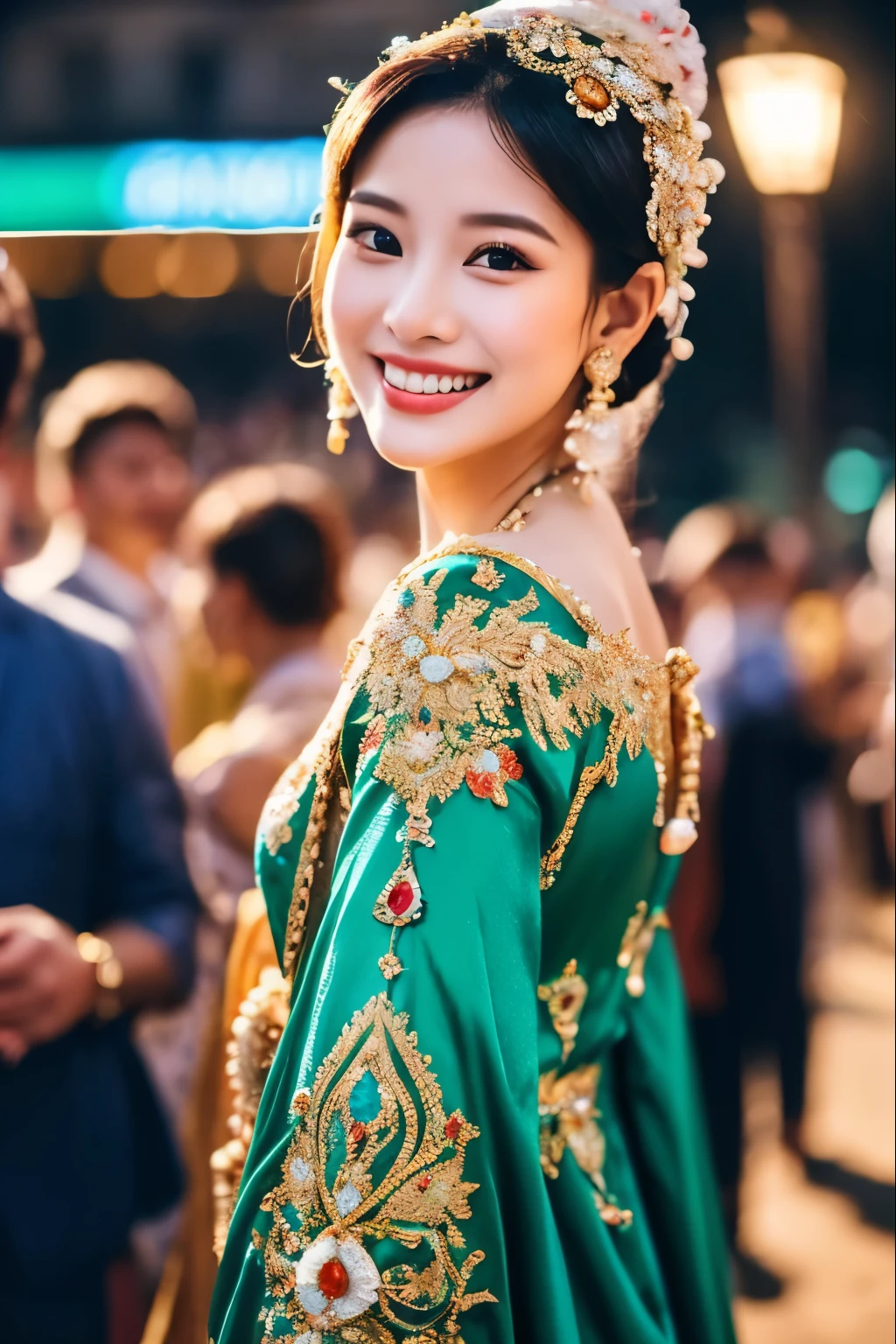 Adorned with exquisite ornaments, beauties walk through the crowd with smiles on their lips, their laughter lingering in the air. Amidst the throng, I search for her countless times, only to suddenly turn around and, by chance, discover her where the lamplight fades into darkness.