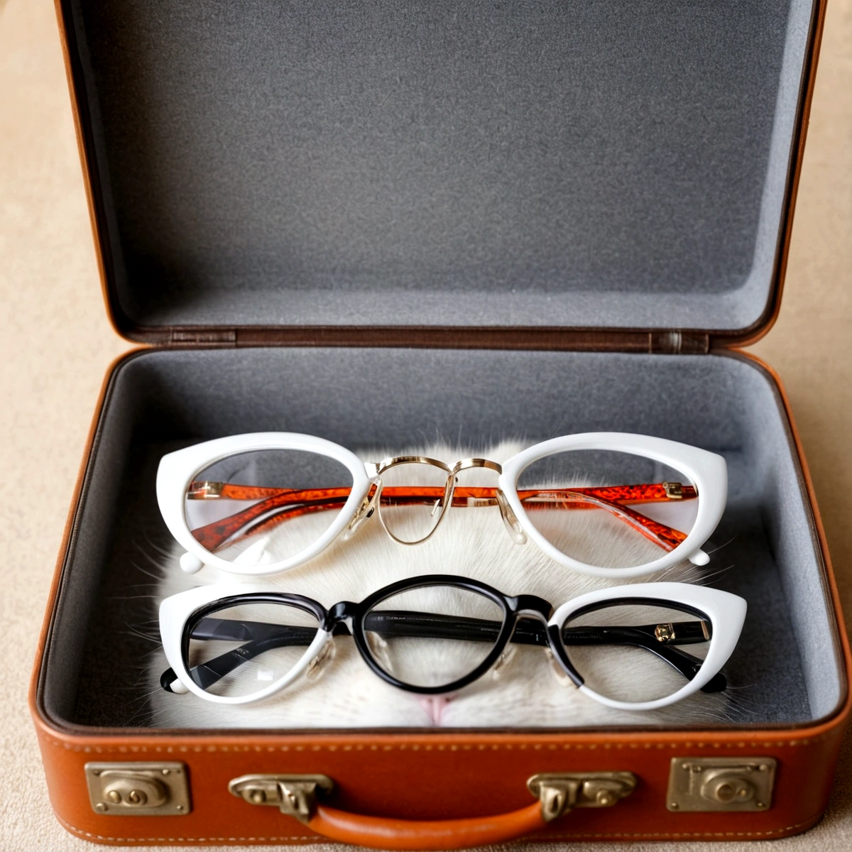 Several white cat-eye glasses inside an open suitcase