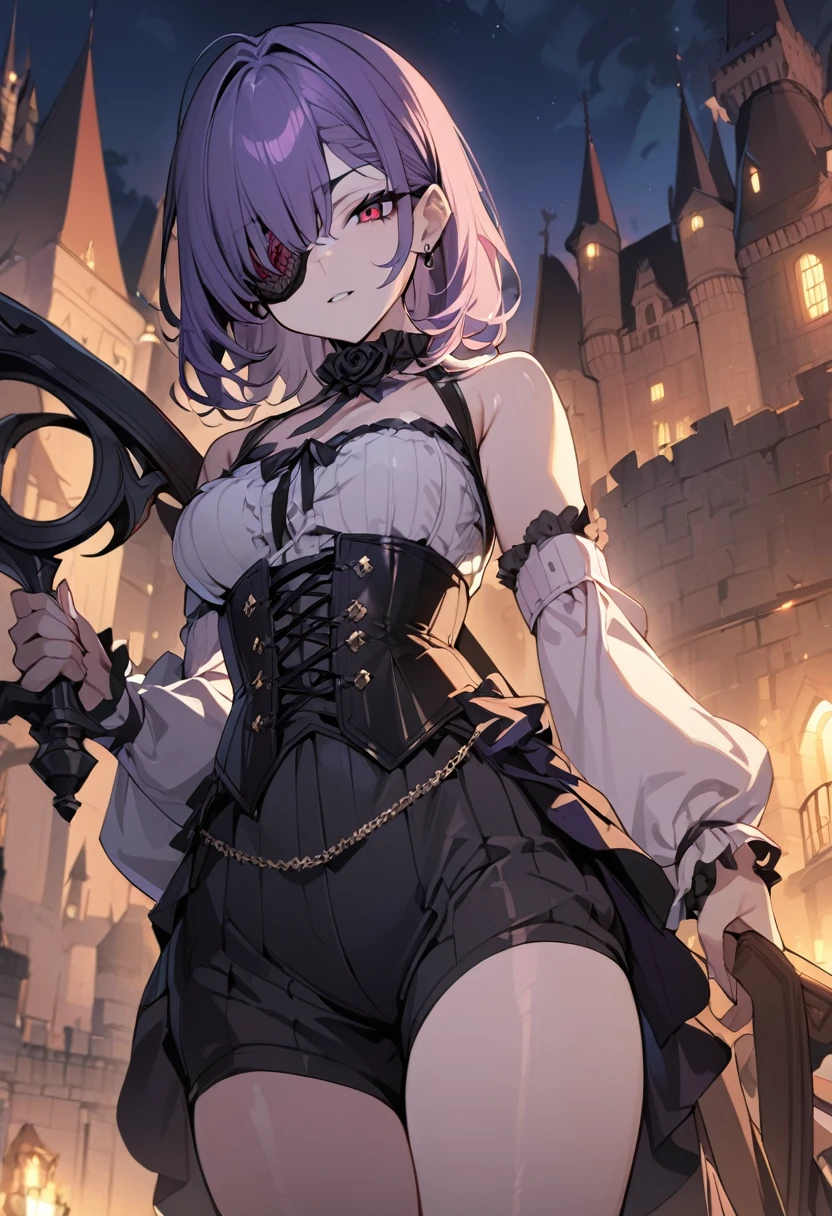 1 girl, masterpiece, best quality, fair skin, purple mesh, red eyes, corset, culottes, black rose scythe, eye patch, black rose, castle at night, anime