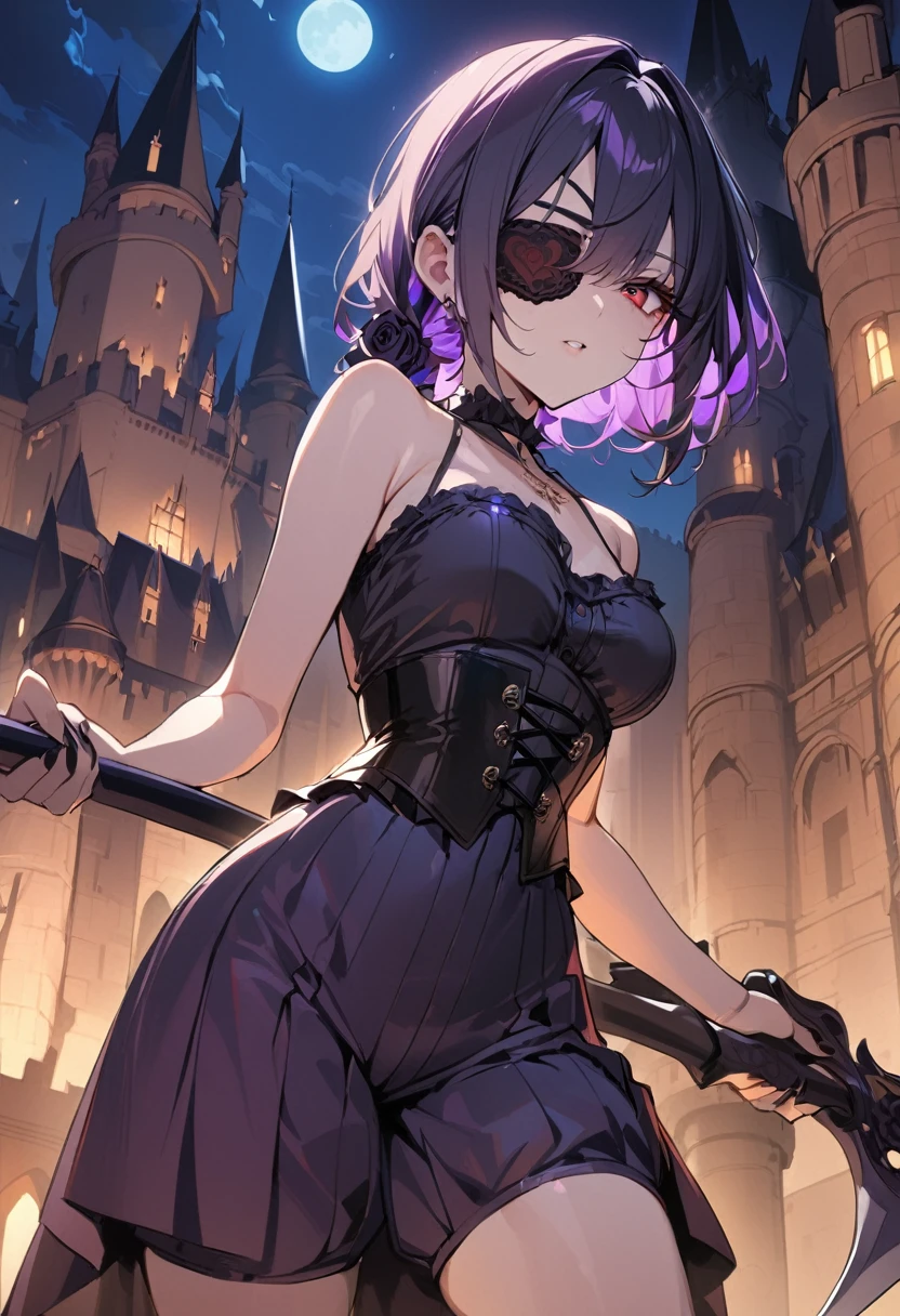 1 girl, masterpiece, best quality, fair skin, purple mesh, red eyes, corset, culottes, black rose scythe, eye patch, black rose, castle at night, anime